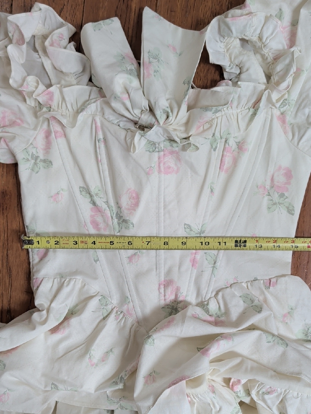 LaceMade Bloom In Coral Island Corset Cream Floral Tiered Puff-Sleeve Dress - Picture 12 of 13